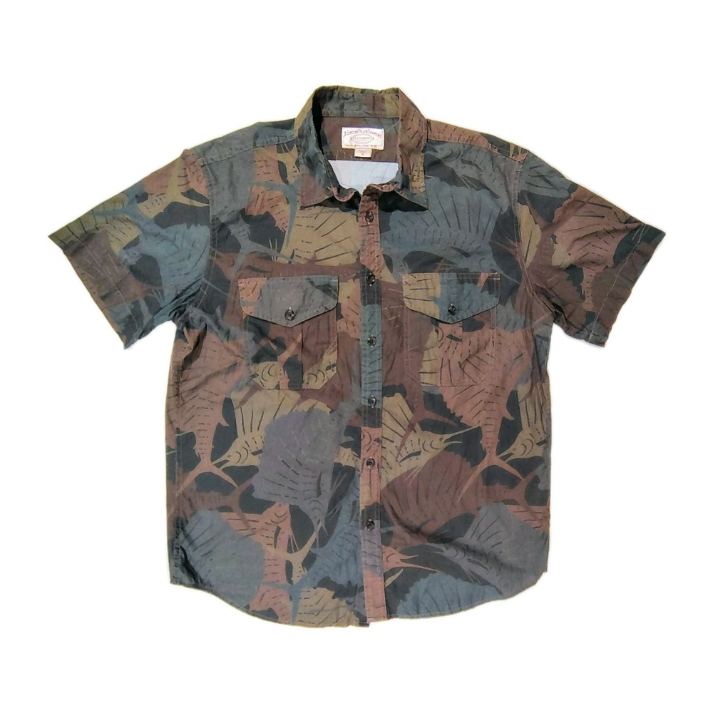 Filson Feather Cloth Shirt Short Sleeve Men's Medium Sailfish Olive Camo Fishing